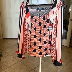Eva Franco Anthropologie Womens 8 Red Black Geometric Top Pullover Ruffles NWOT